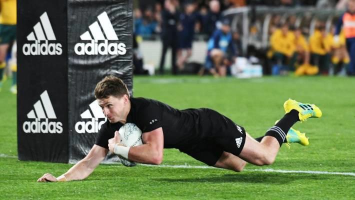 Beauden Barrett scoring a try under the poles